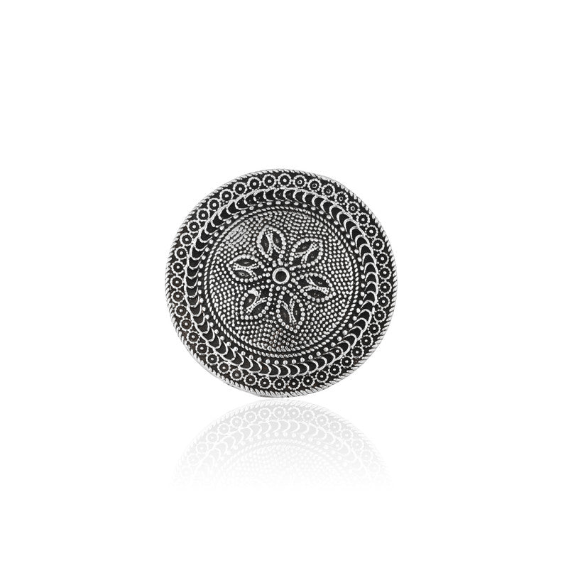 Close-up of Big Chakra Antique Ring 925 Silver – traditional oxidised silver festive jewellery design