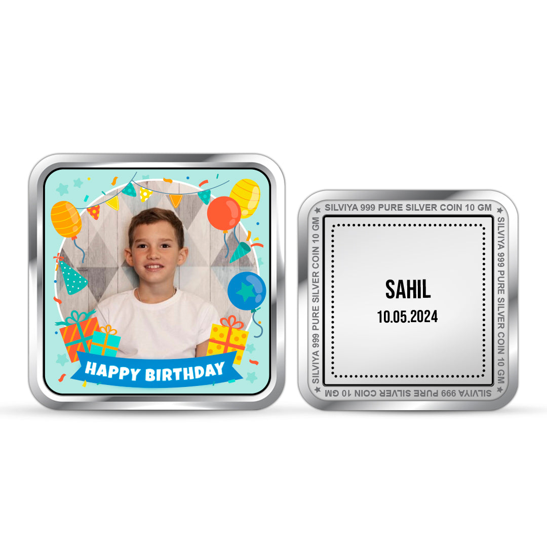 Front and backside of a personalised 999 silver birthday coin, square-shaped.