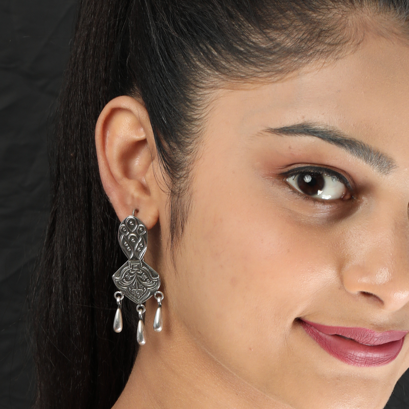 Model wearing Bohemian 925 Silver Tribal Earrings – lightweight, stylish, and elegant sterling silver jewellery for women.