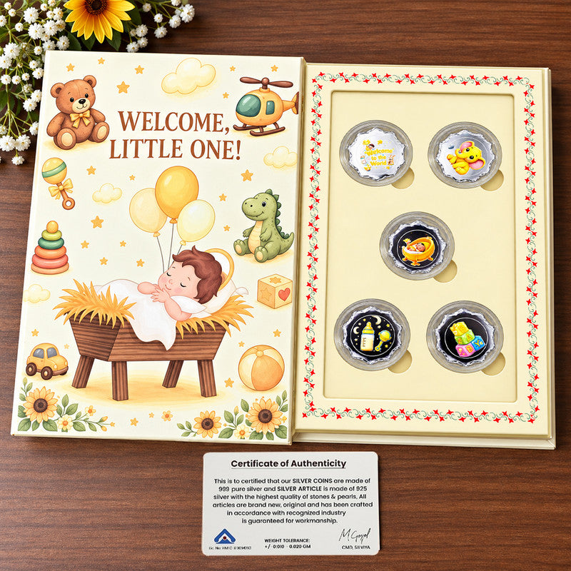 Newborn baby 999 pure silver coin set in a baby-themed gift box with five silver coins and certificate of authenticity