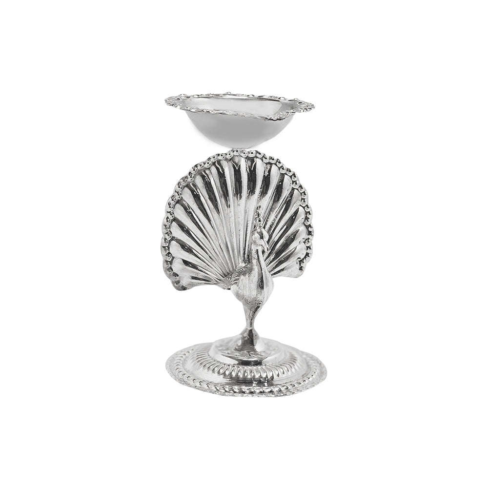 925 Silver Diya with Peacock Design for Temple Pooja