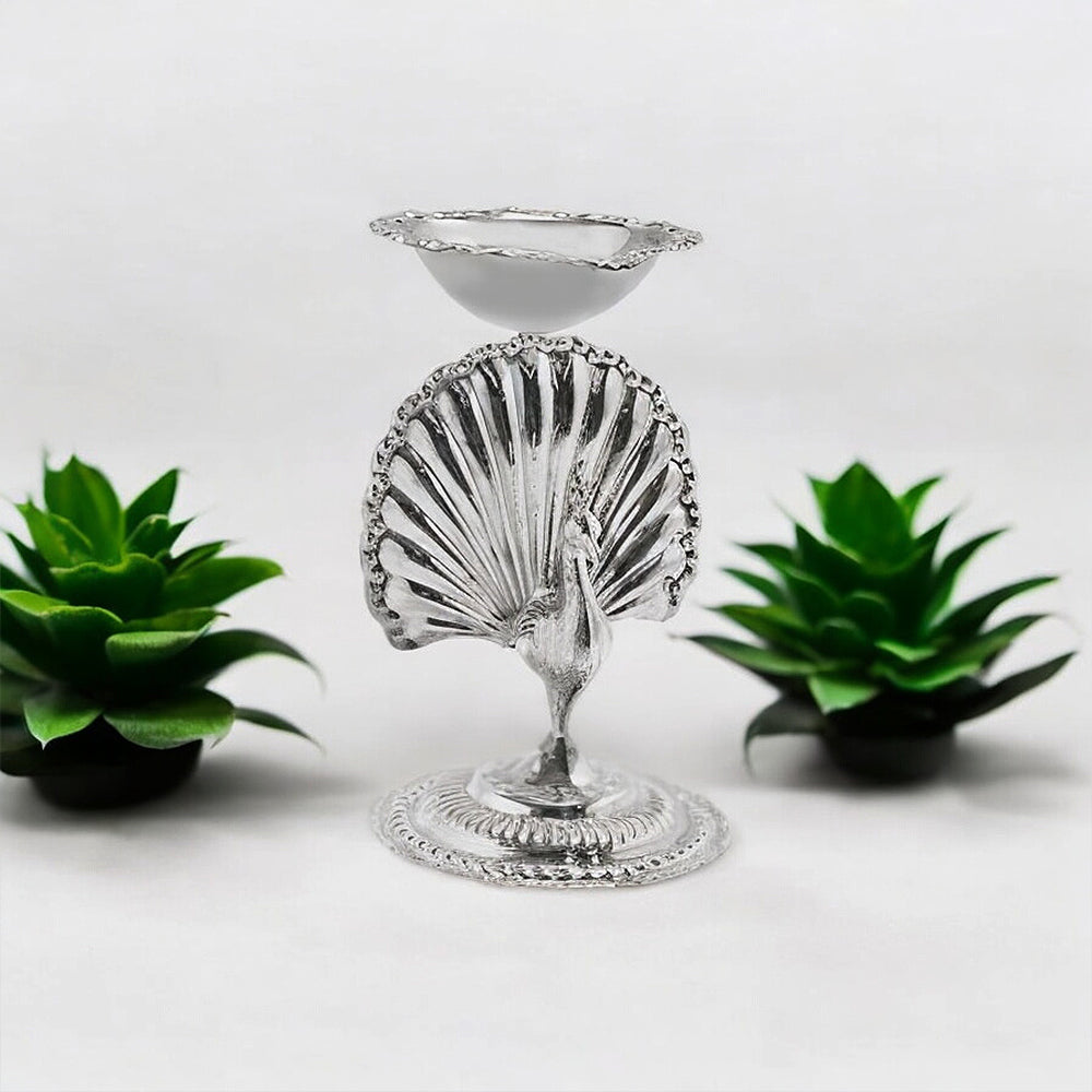 925 Silver Diya with Peacock Design for Temple Pooja