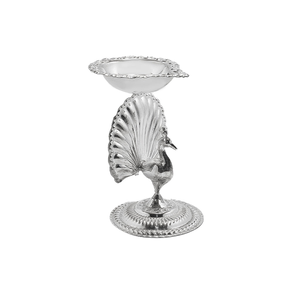 925 Silver Diya with Peacock Design for Temple Pooja