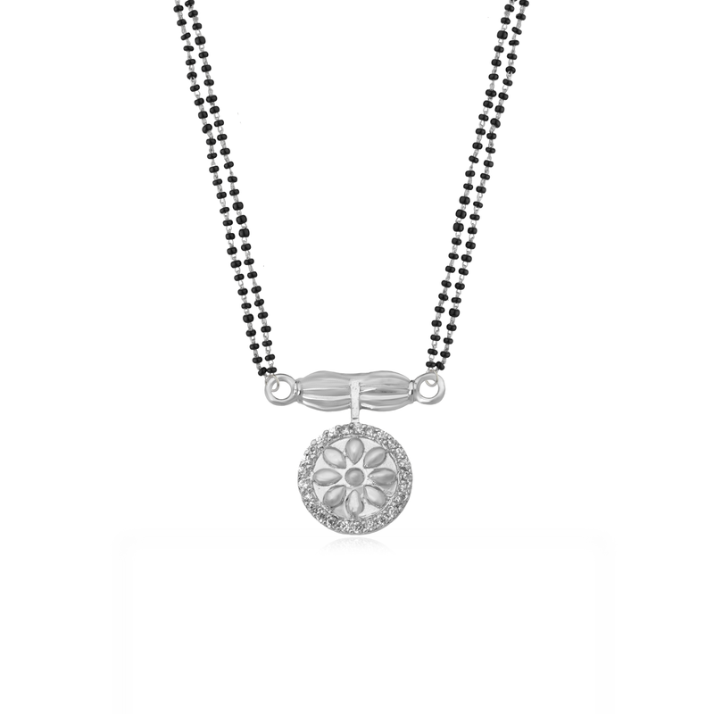 925 Silver Eternal Essence Mangalsutra with heart-shaped pendant and black beaded chain, perfect for daily wear and gifting.