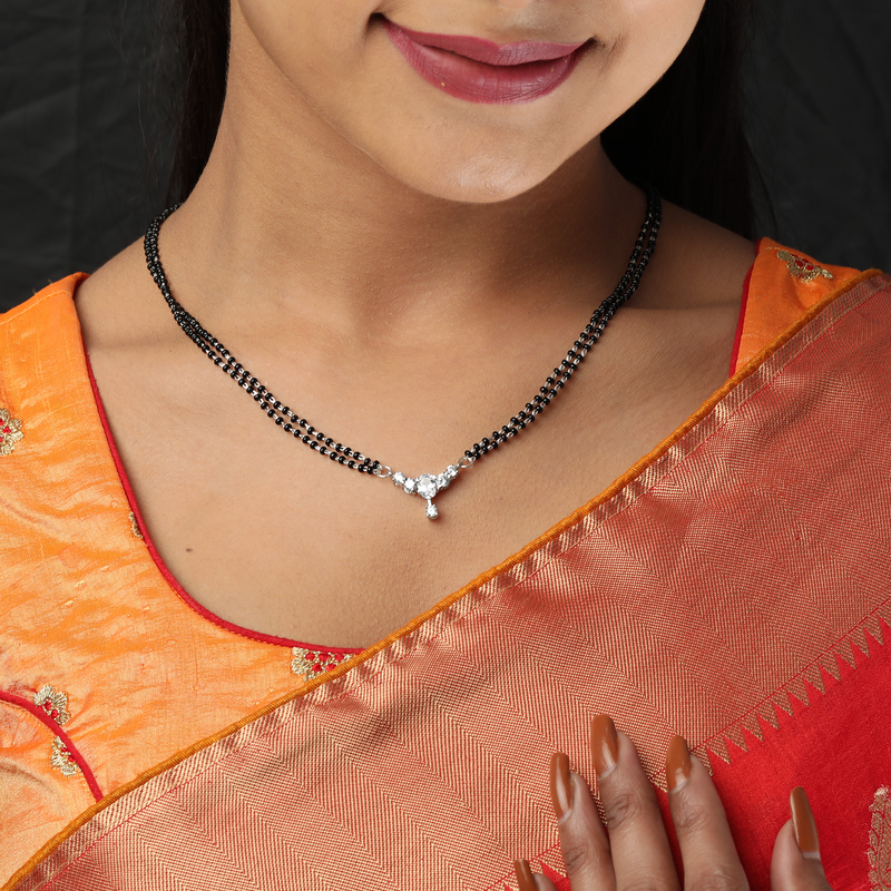 Model wearing 925 Silver Forever Fusion Mangalsutra – elegant and lightweight pendant necklace for women.