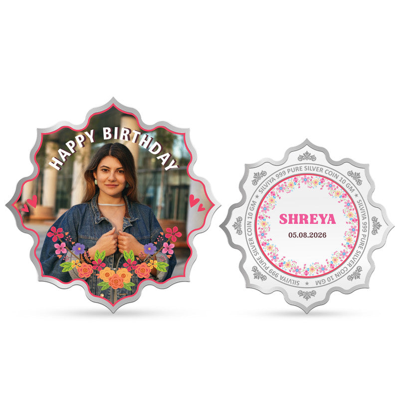 Front and Back Design of Birthday Customized 999 Pure Silver Lotus Coin
