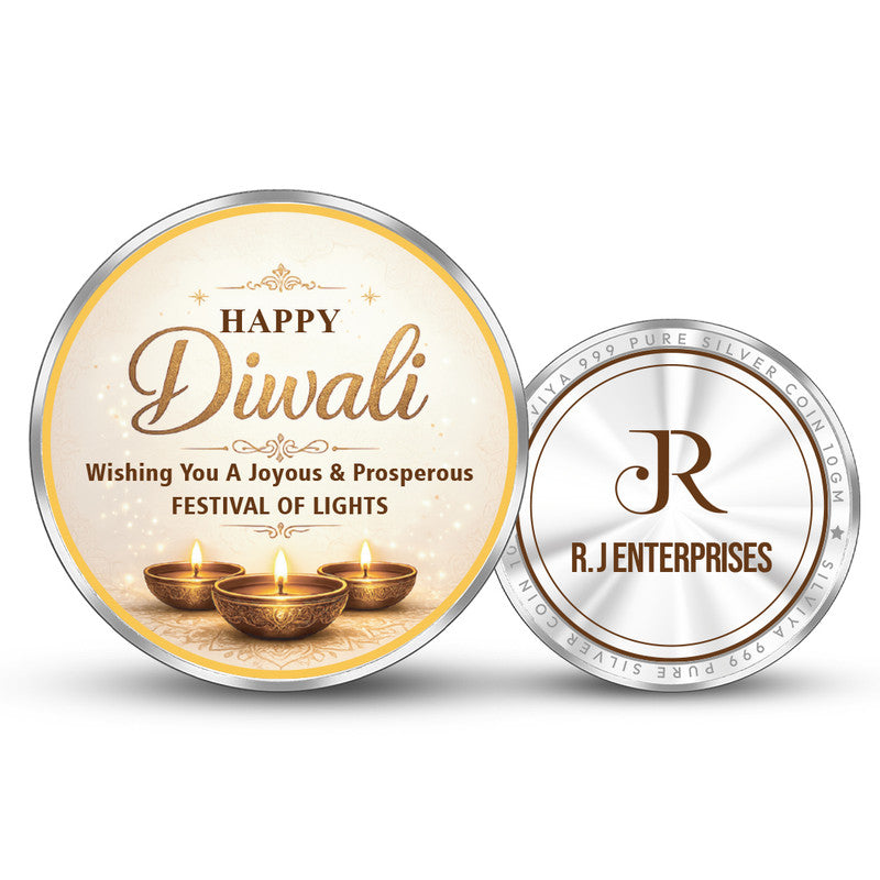 Front and Back Design of Diwali 999 Pure Personalized Silver Round Coin