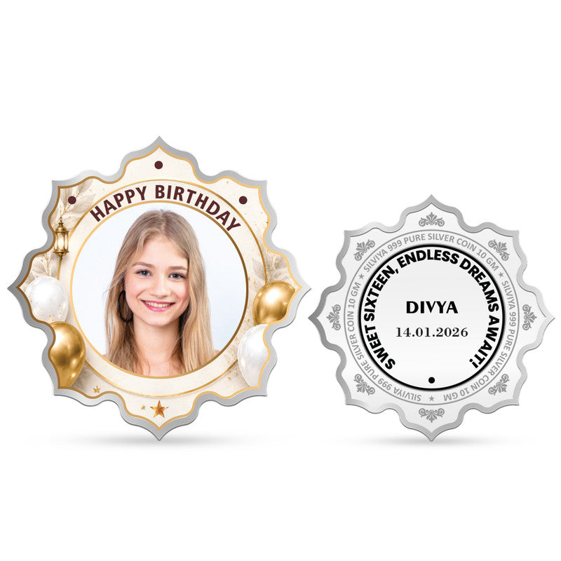 Front and Back Design of Happy 16th Birthday Personalized 999 Pure Silver Lotus Coin