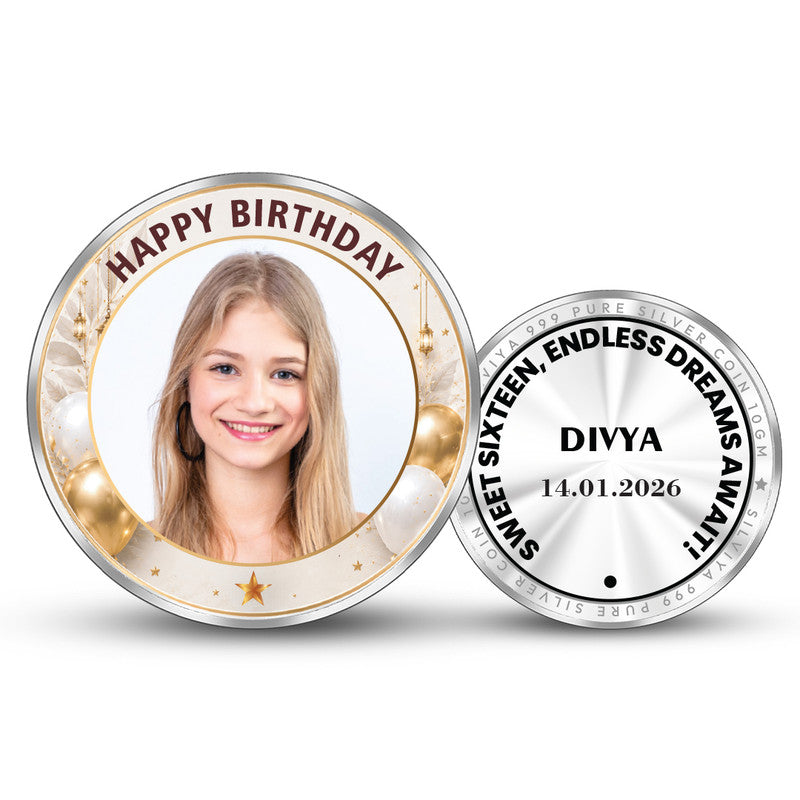 Front and Back Design of Happy 16th Birthday Personalized 999 Pure Silver Round Coin