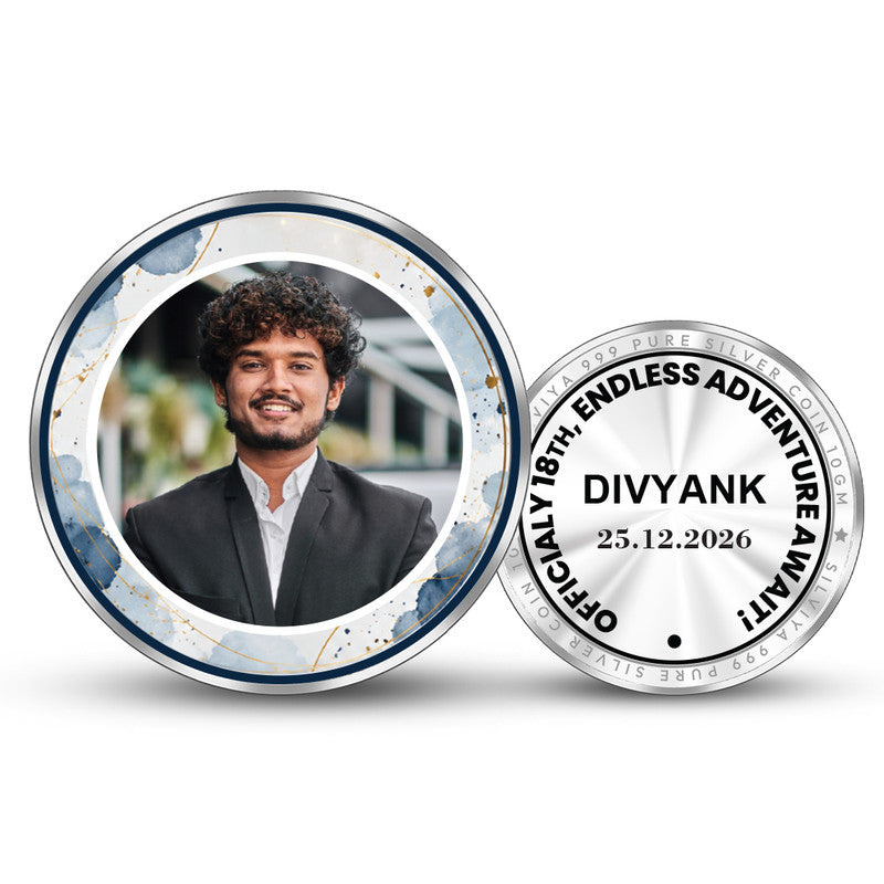 Front and Back Design of Happy 18th Birthday Personalized 999 Pure Silver Round Coin