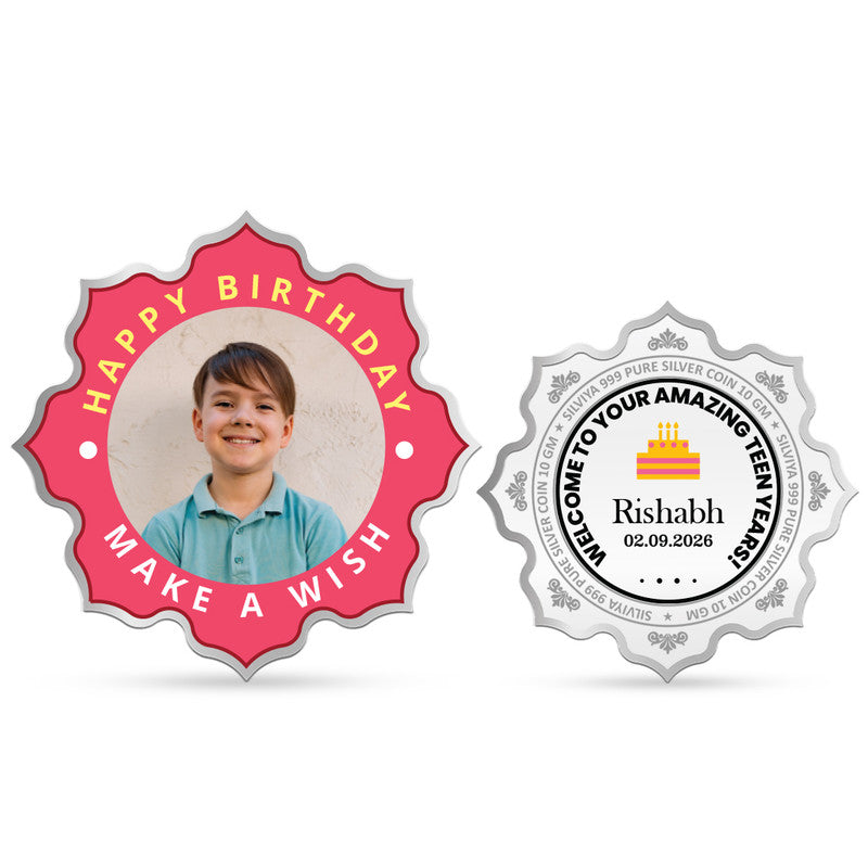 Front and Back Design of Happy Teen Birthday Personalized 999 Pure Silver Lotus Coin
