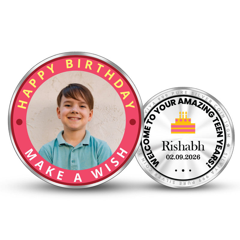 Front and Back Design of Happy Teen Birthday Personalized 999 Pure Silver Round Coin
