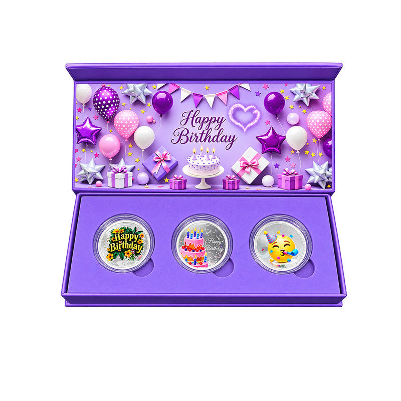Happy Birthday 999 Pure Silver Coin Gift Box Set with 3 Coins