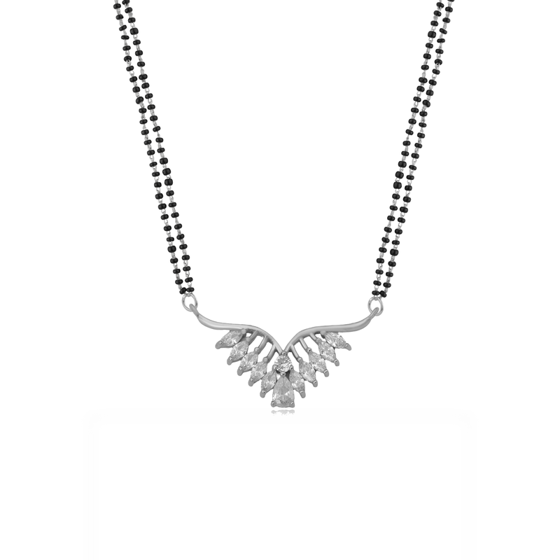 925 Silver Hitched & Happy Mangalsutra with heart-shaped pendant and black beaded chain, perfect for daily wear and gifting.