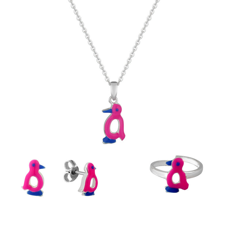 Kids Penguin Jewelry Set in 925 Silver with Blue Enamel Pendant Necklace and Earrings