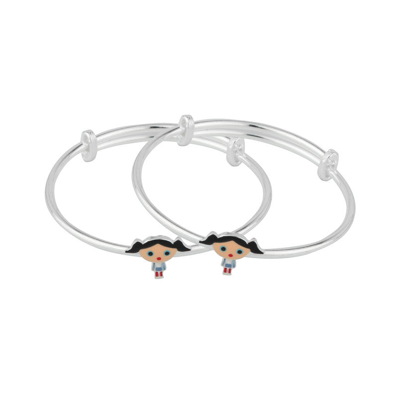 Adjustable Kids Silver Kitty Doll Kada in 925 Silver with Cute Cartoon Charm Design