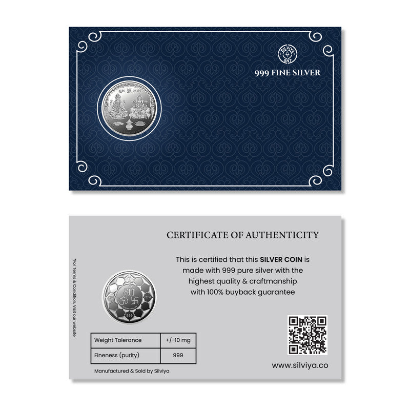 Goddess Laxmi and Lord Ganesha 999 pure silver round coin for Diwali, wealth, prosperity, and festive gifting.