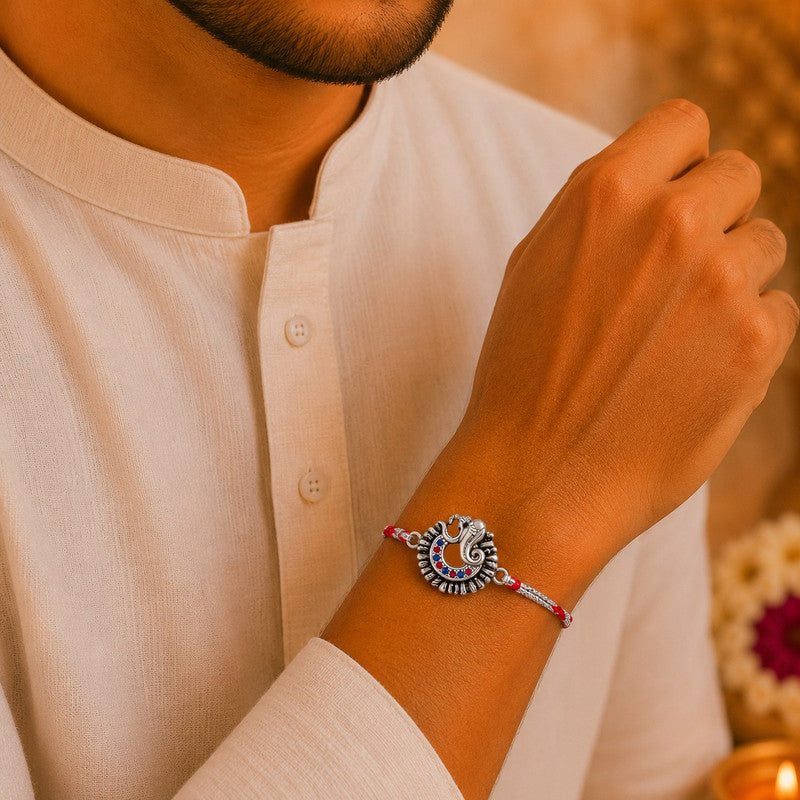 Silver Om & Swastik Rakhi for Brother with Roli Chawal
