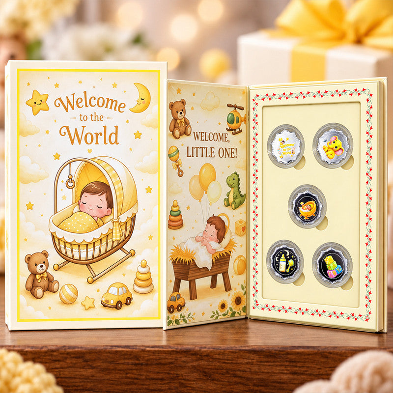 Newborn baby 999 pure silver coin set packaging with five coins in a baby-themed gift box