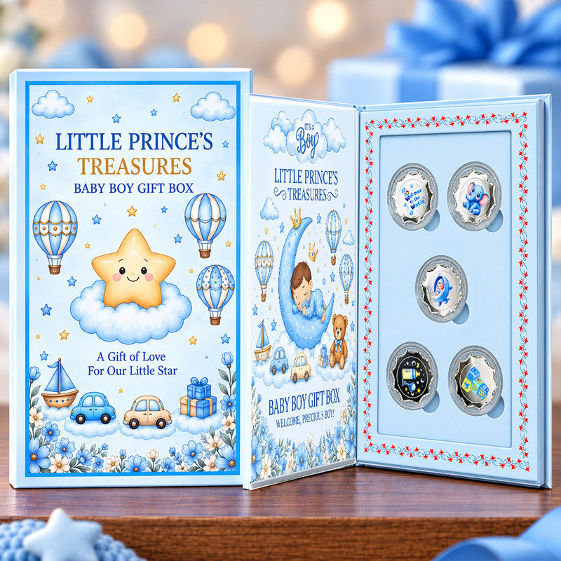Newborn baby boy 999 pure silver coin set packaging with five coins in a baby-themed gift box