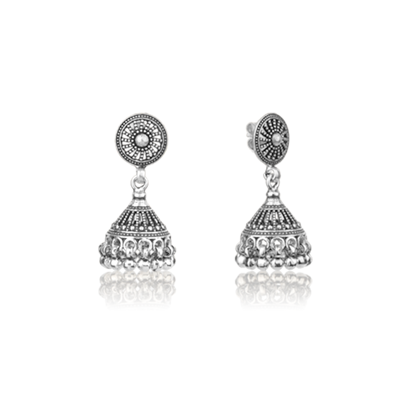 Classic oxidised jhumka earrings close up 
