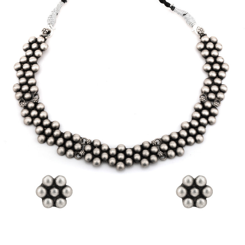 Oxidized Silver Ball Flower Necklace on white background – elegant silver jewellery gift for Diwali