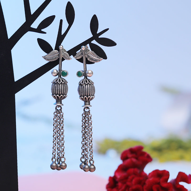 Designer Oxidized Silver Dangle Chain Earrings with Ethnic Backdrop – Elegant Silver Jewellery for Festive Celebrations
