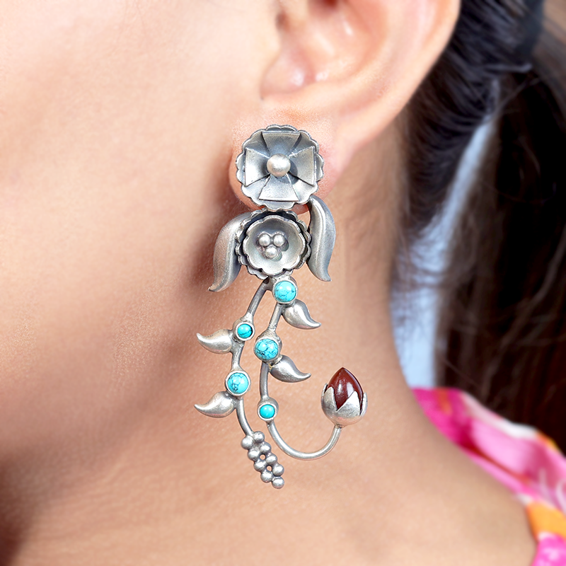 Oxidized Silver Designer Earrings on Model – Stylish Festive Silver Earrings for Traditional Outfits, Parties and Wedding Functions
