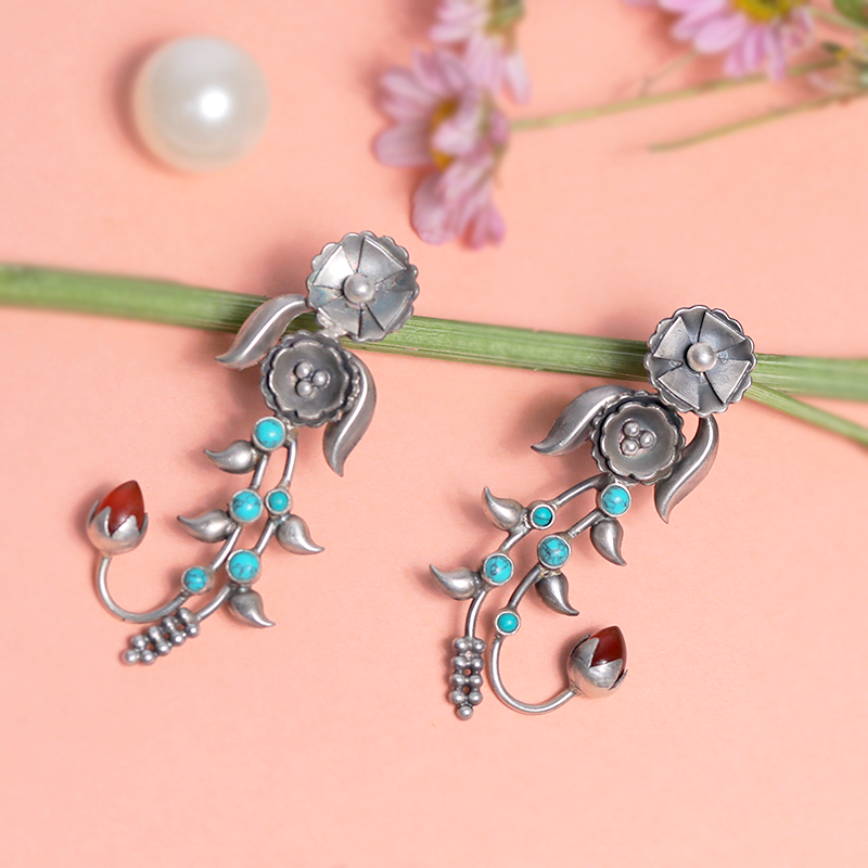 Designer Oxidized Silver Earrings with Ethnic Backdrop – Trendy Statement Silver Jewellery for Festive Celebrations
