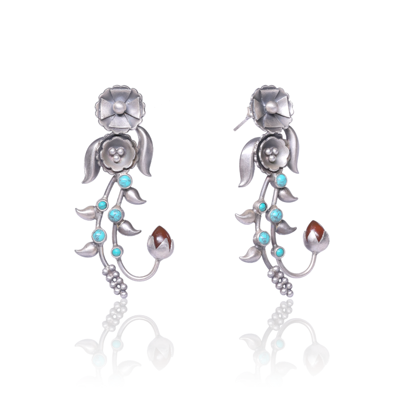 Oxidized Silver Designer Earrings Close-Up – Intricate 925 Silver Jewellery with Unique Craftsmanship for Women’s Festive Collection
