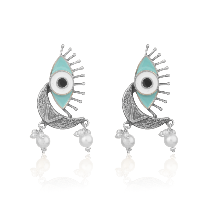 Oxidized Silver Evil Eye Earrings – Stylish 925 Silver Jewellery with Protective Evil Eye Design for Women, Perfect for Diwali and Festive Gifting

