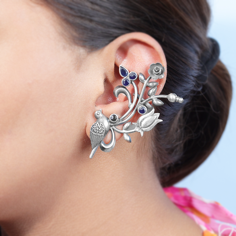 Oxidized Silver Floral Ear Cuff on Model – Trendy Silver Ear Accessory for Navratri, Diwali and Wedding Outfit Styling