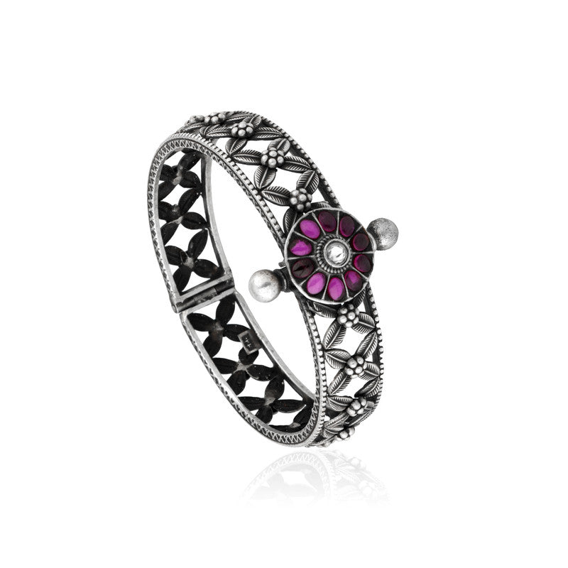 Designer Floral Oxidized Silver Kada – antique silver kada for navratri