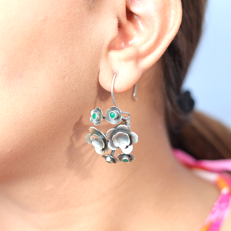 Oxidized Silver Flower Hook Earrings on Model – Stylish Silver Earrings for Festive Outfits, Traditional Looks and Wedding Functions
