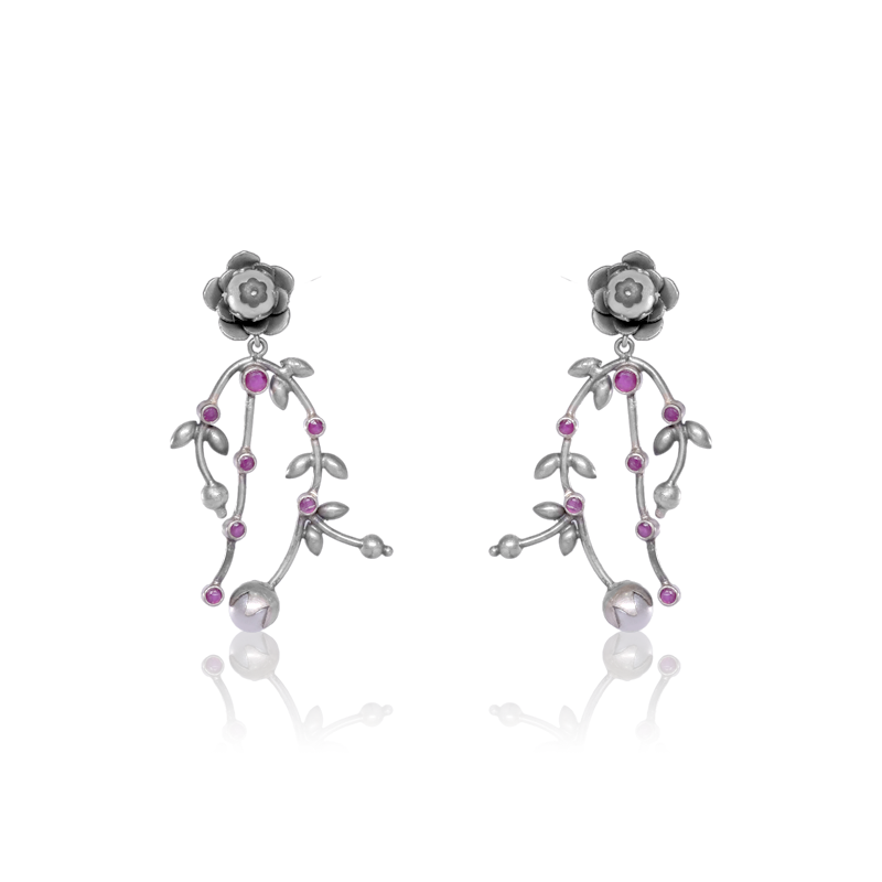 Oxidized Silver Flower & Leaf Earrings – Elegant 925 Silver Jewellery for Women, Perfect for Diwali, Navratri and Wedding Gifting
