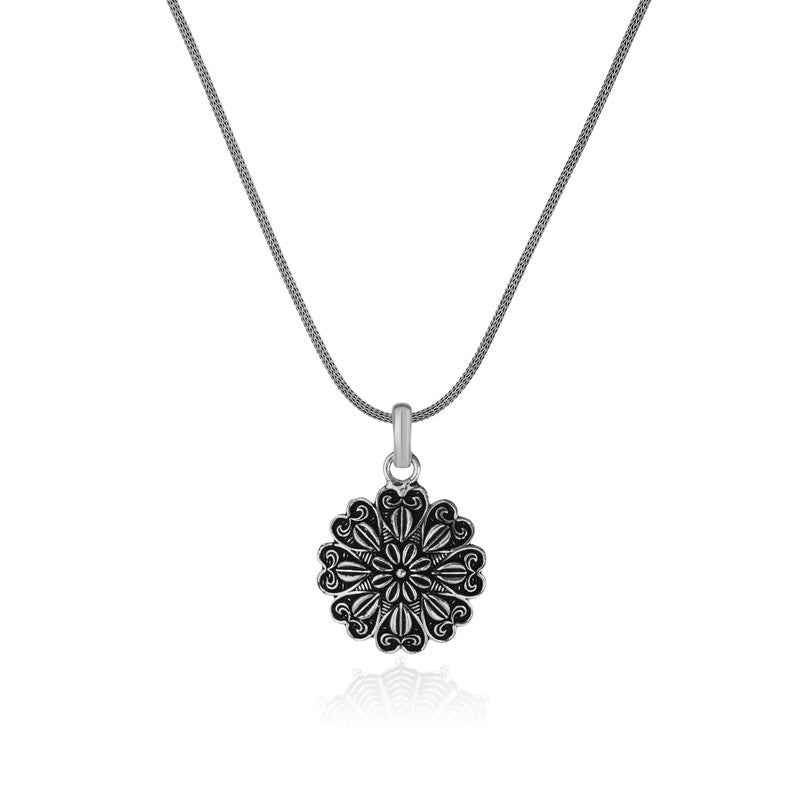 Oxidized Silver Graceful Flower Pendant – elegant traditional pendant for Diwali, Navratri, Karva Chauth and festive gifting