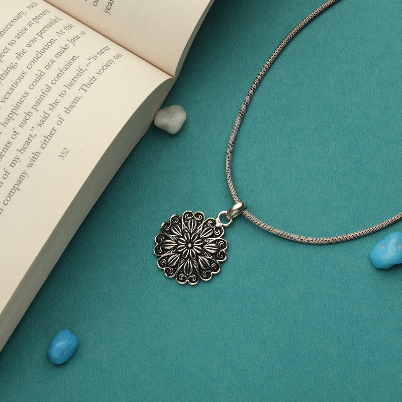 Oxidized Silver Graceful Flower Pendant displayed props – perfect silver jewelry gift for Raksha Bandhan, Bhai Dooj and Diwali