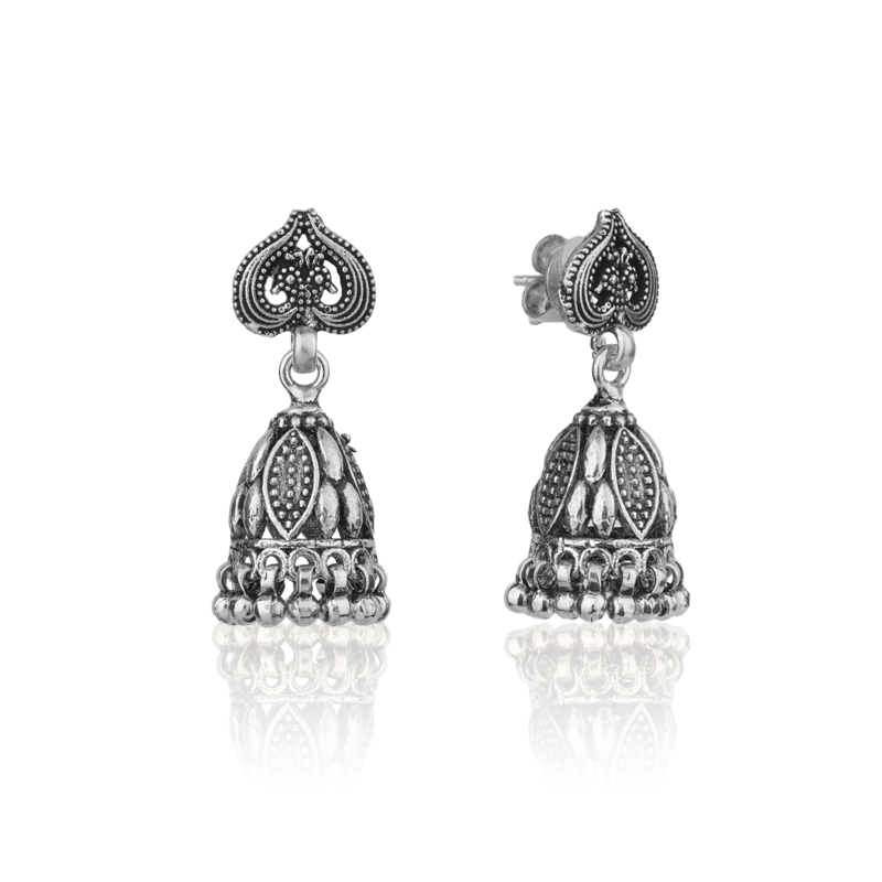Oxidized Silver Graceful Jhumka Earrings Close-Up – Intricate 925 Silver Ethnic Jhumka Design for Festive and Wedding Jewellery Collection
