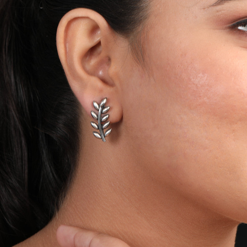 Oxidized Silver Olive Branch Earrings on Model – Stylish Silver Jewellery for Navratri, Diwali and Wedding Outfit Styling