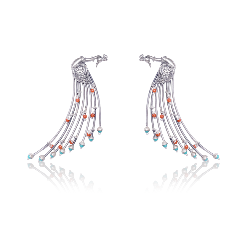 Oxidized Silver Peacock Feather Earrings – Elegant 925 Silver Jewellery for Women, Perfect for Navratri, Diwali and Wedding Gifting
