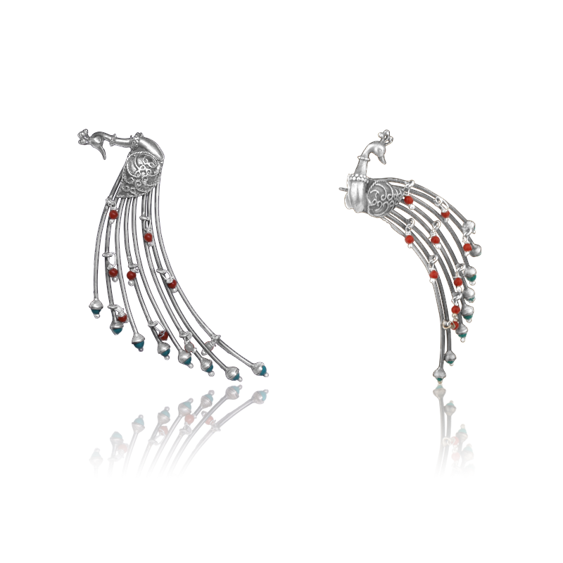 Oxidized Silver Peacock Feather Earrings Close-Up – Intricate 925 Silver Peacock Feather Design for Festive and Ethnic Jewellery Collection
