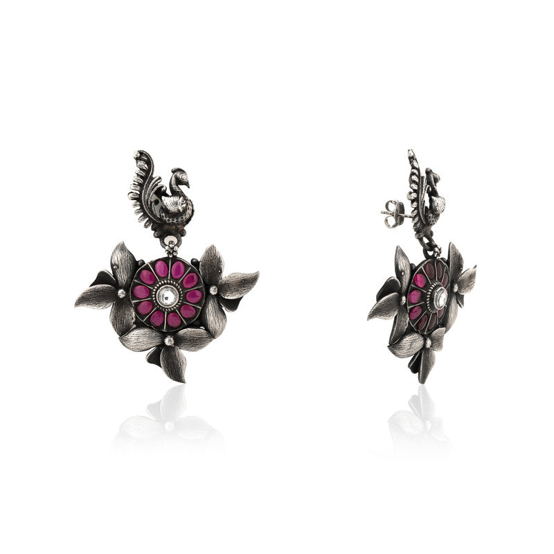 Oxidized Silver Peacock Tassel Earrings Close-Up – Detailed 925 Silver Jewellery for Women’s Festive Collection