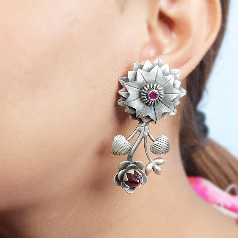 Oxidized Silver Prim Rose Earrings on Model – Traditional Floral Silver Earrings for Sarees, Lehengas and Festive Outfits
