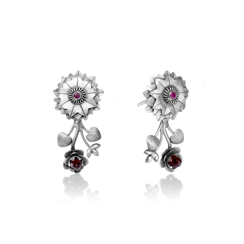 Oxidized Silver Prim Rose Earrings Close-Up – Intricate 925 Silver Rose Design Earrings for Festive and Ethnic Jewellery Collection
