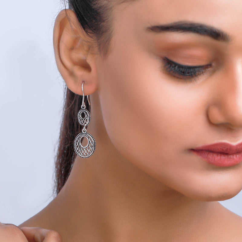 Oxidized Silver Rajasthani Earrings on Model – Elegant Ethnic Silver Jewellery for Navratri, Diwali and Wedding Outfit Styling