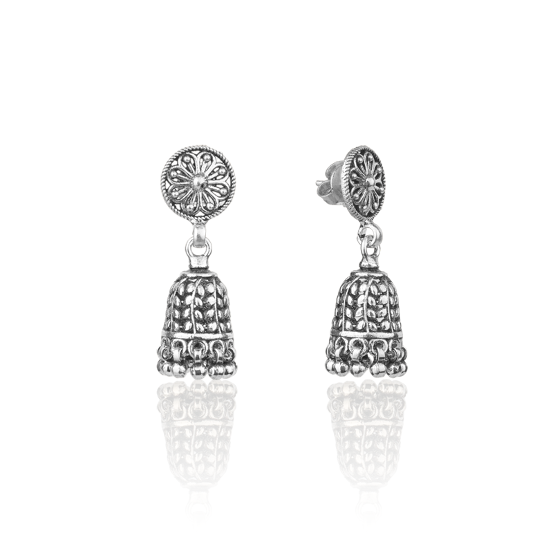 Oxidized Silver Round Leaf Jhumka Earrings Close-Up – Intricate 925 Silver Traditional Earrings for Festive and Wedding Jewellery Collection
