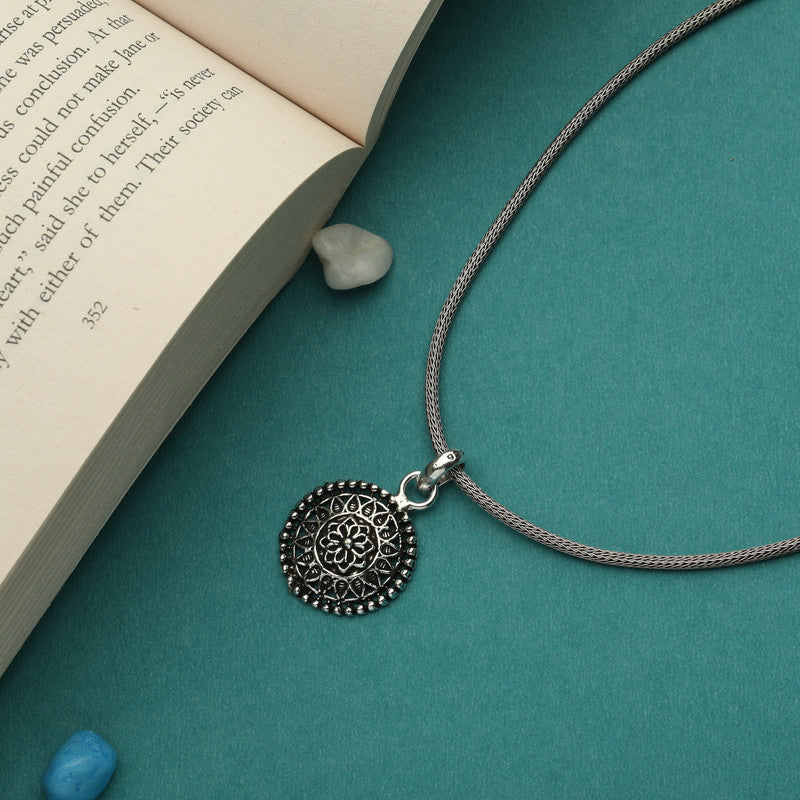 Oxidized Silver Round Pendant displayed props – ethnic silver jewelry for Karva Chauth, Raksha Bandhan and gifting