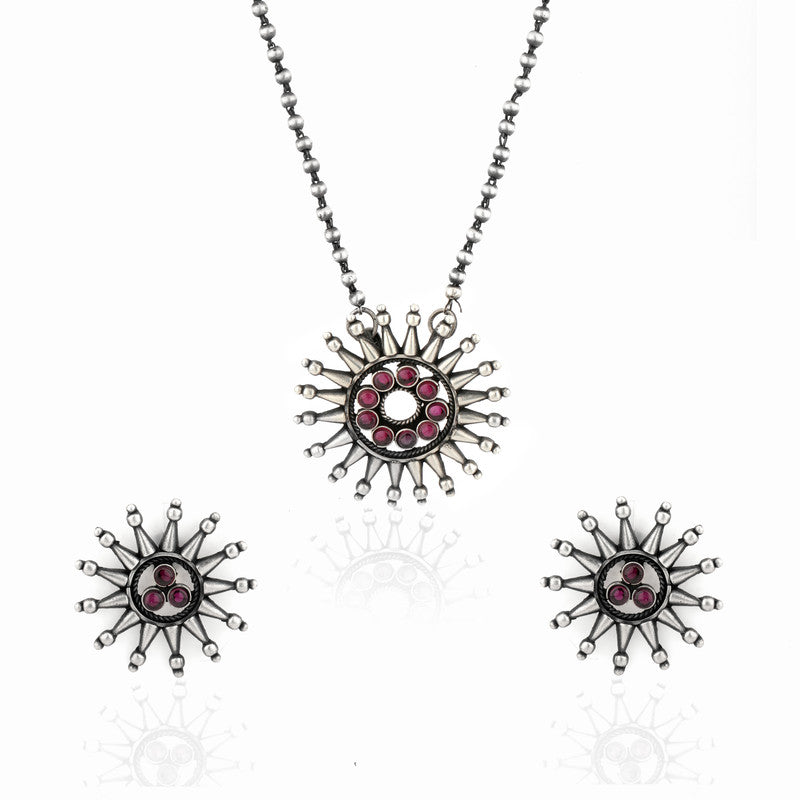Oxidized Silver Sun Pendant on white background – auspicious silver jewellery gift for Diwali