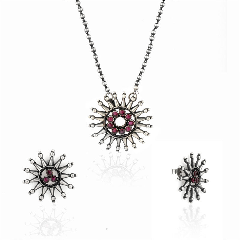 Close-up of Oxidized Silver Sun Pendant – traditional 925 silver jewellery for festivals