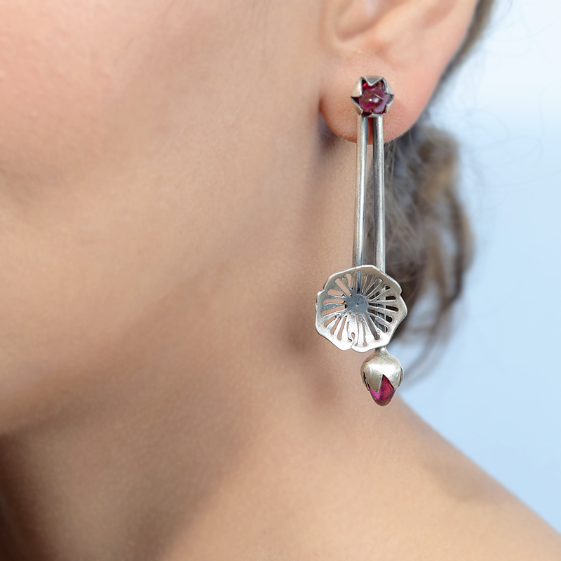 Oxidized Silver Unique Earrings on Model – Stylish Silver Jewellery for Navratri, Diwali and Wedding Outfit Styling